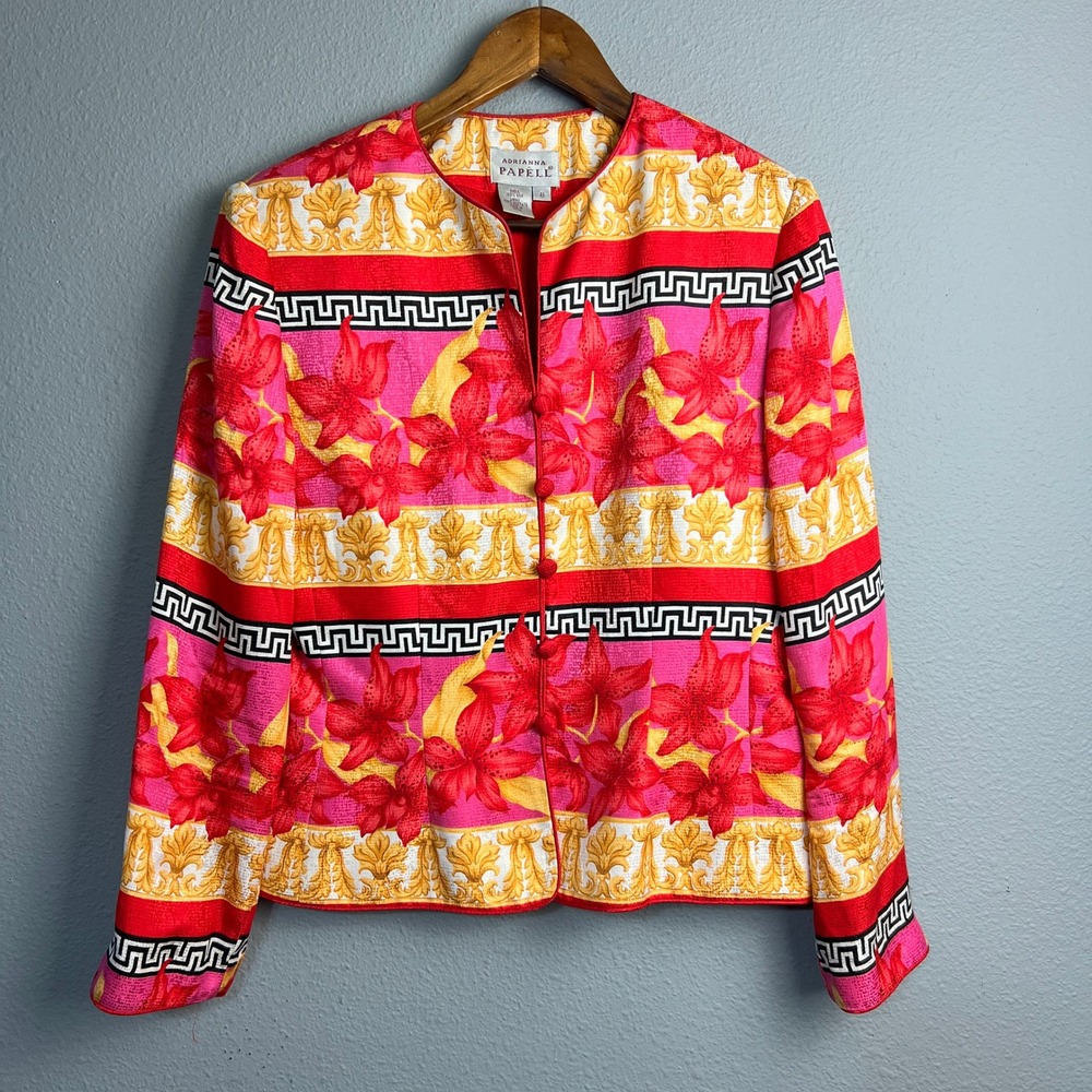 Adrianna Papell Silk Jacket Sz 8 Baroque Floral Blazer Red Gold Pink Bold Print